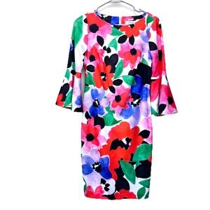 Calvin Klein Colorful Floral‎ Bell Sleeve Stretch Crepe Sheath Dress Size 4